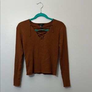 Forever 21 Brown Long Sleeve Fitted Crop top with Cut-Outs